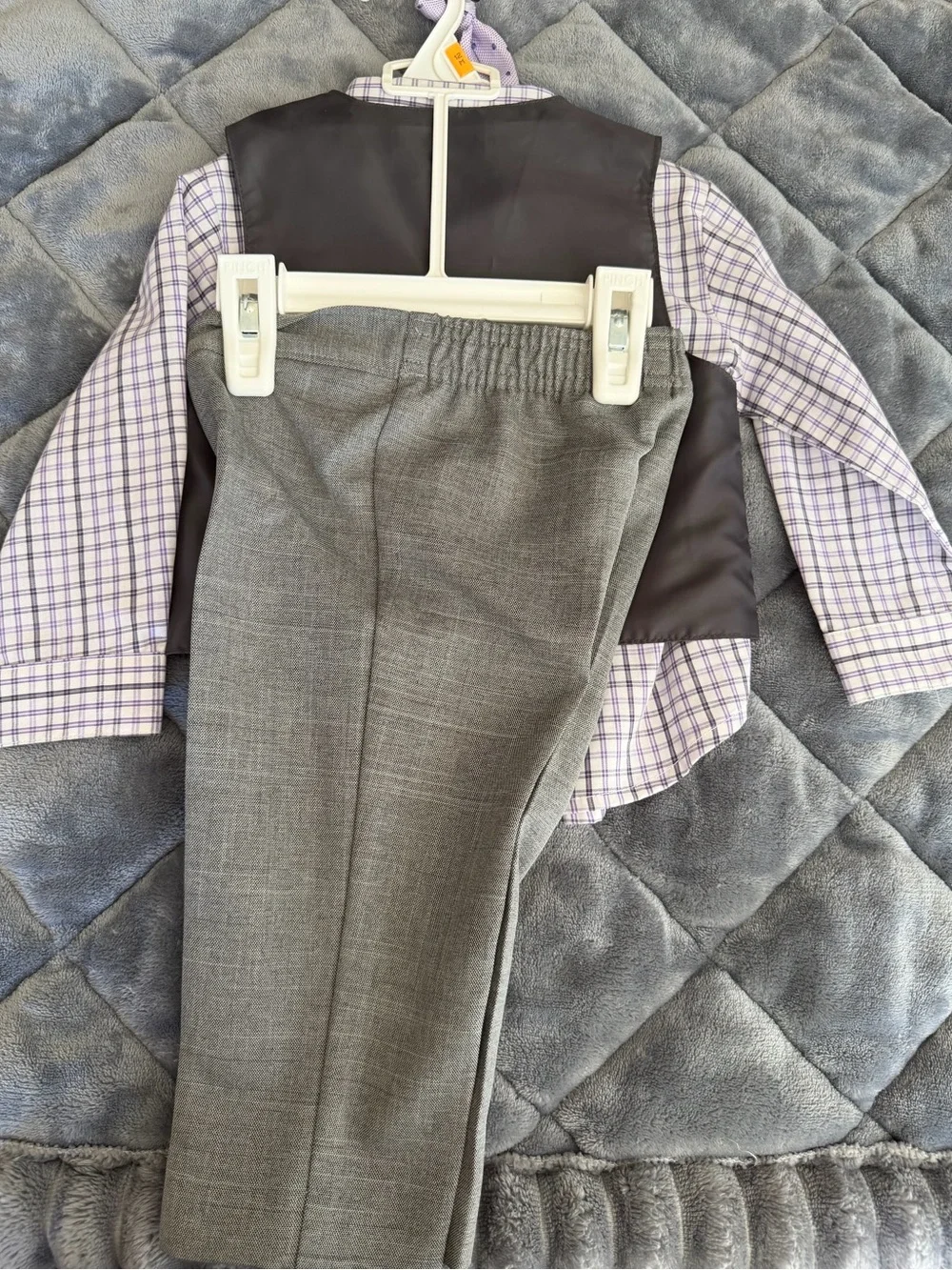 Van Heusen Lavender and White Plaid Collared Shirt with Gray Vest and Dress Pant